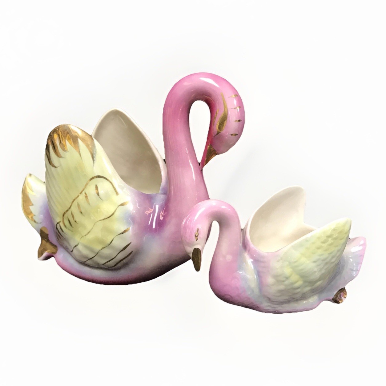 Pair MCM Lusterware Swan Planters Pink Marked COLONIAL CHINA
