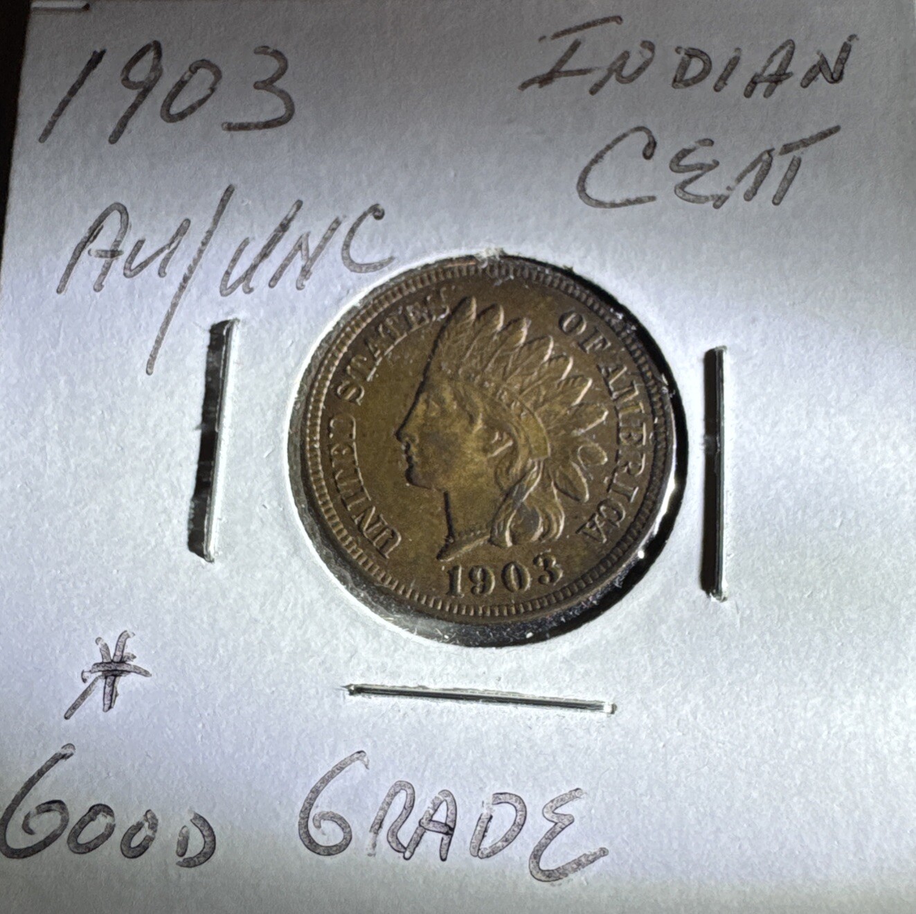 1903 INDIAN CENT - NICE HIGH GRADE NEARLY UNCIRCULATED, AU CHOICE! (Estate #405)