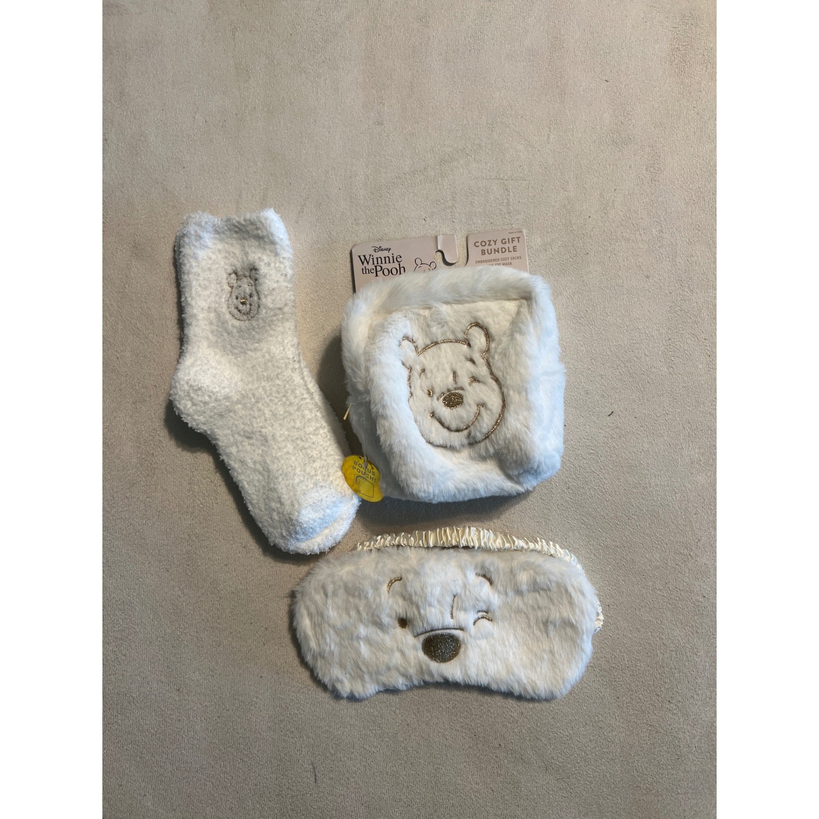 Disney Winnie the Pooh Cozy Gift Bundle Socks Eye Mask and Pouch White 3pc Set