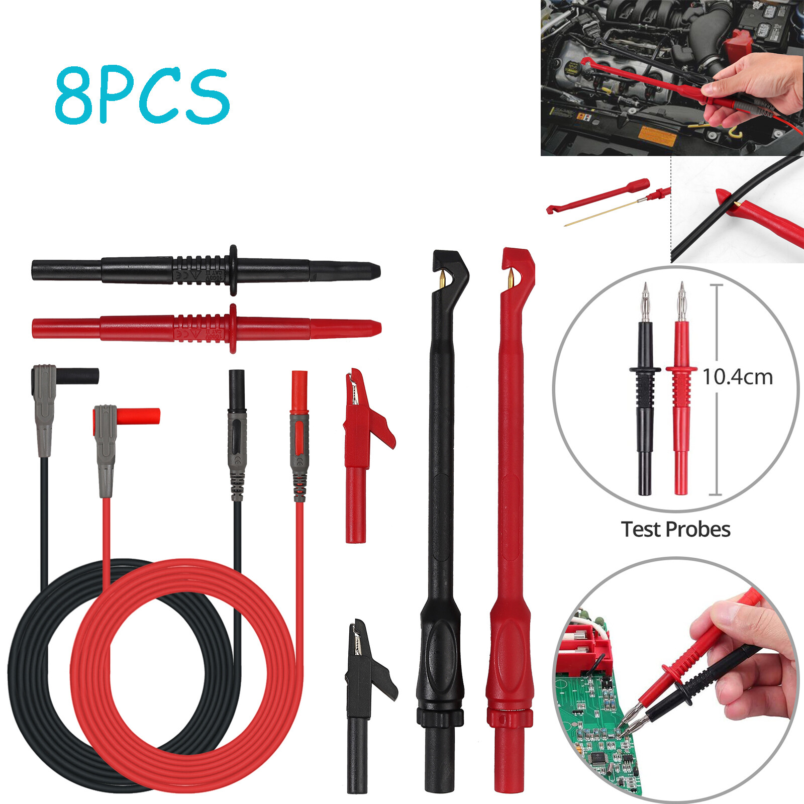 8PCS Multimeter Test Lead Kit with 4mm Thickness Wire-Piercing Clip Test Probes