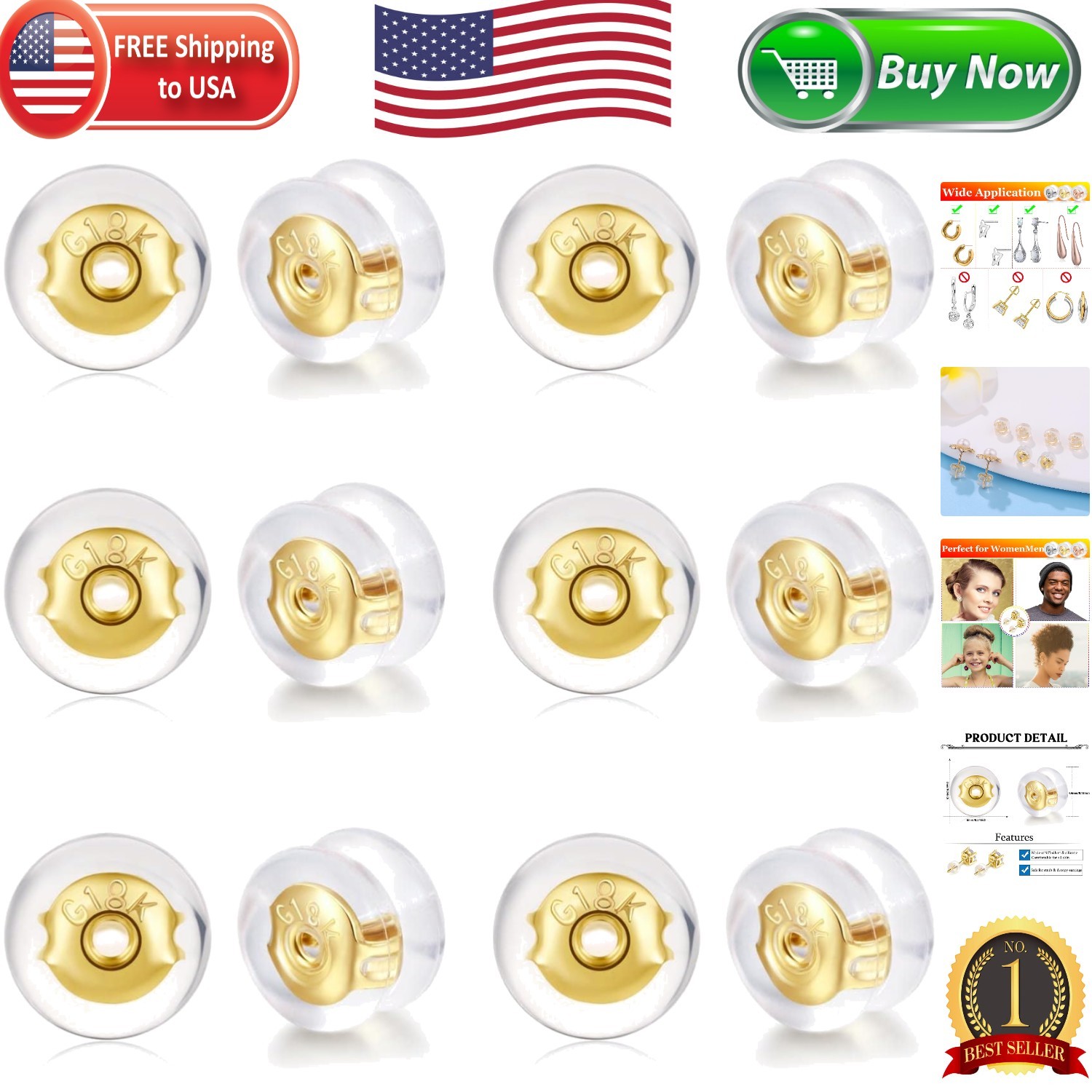 Lightweight 12 Pack Gold Earring Locks with Silicone Comfort for Sensitive Ears