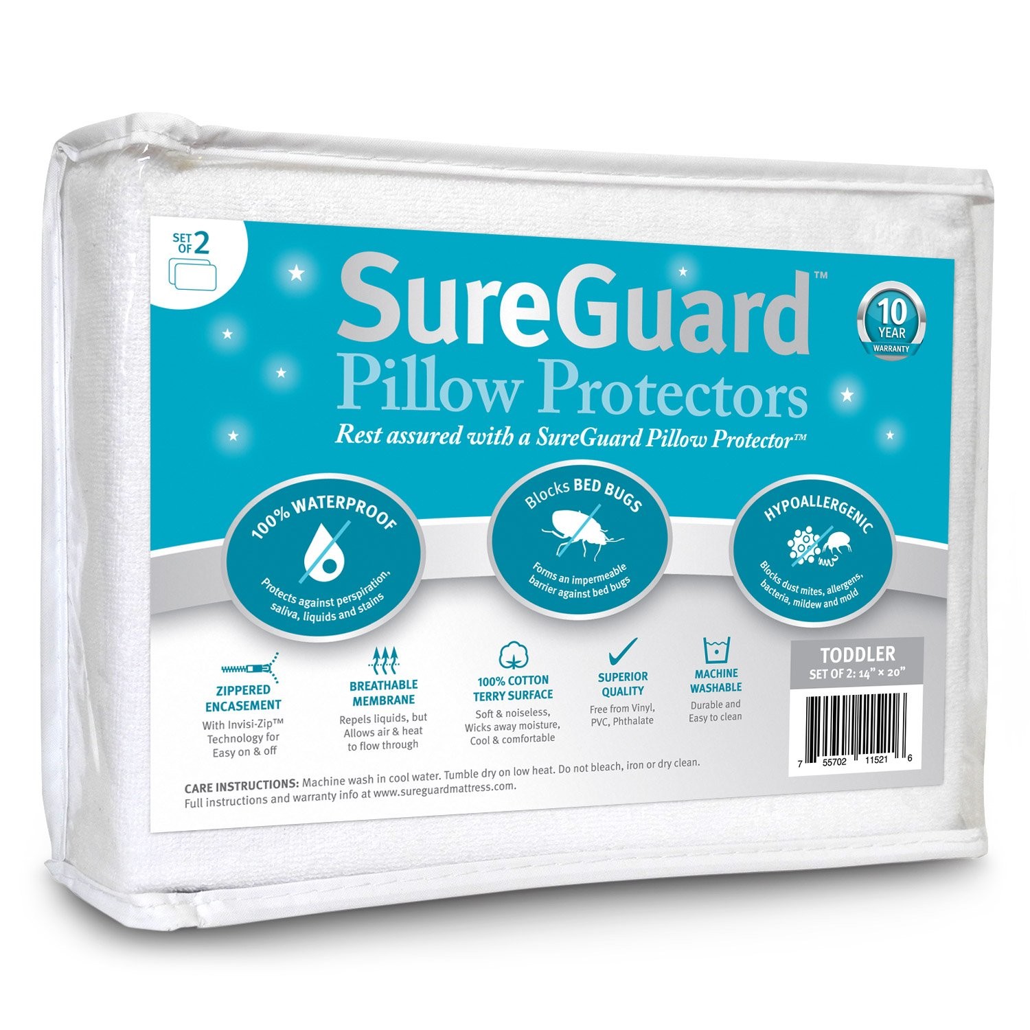 Set of 2 Travel Size SureGuard Pillow Protectors - 100% Waterproof, Bed Bug P...