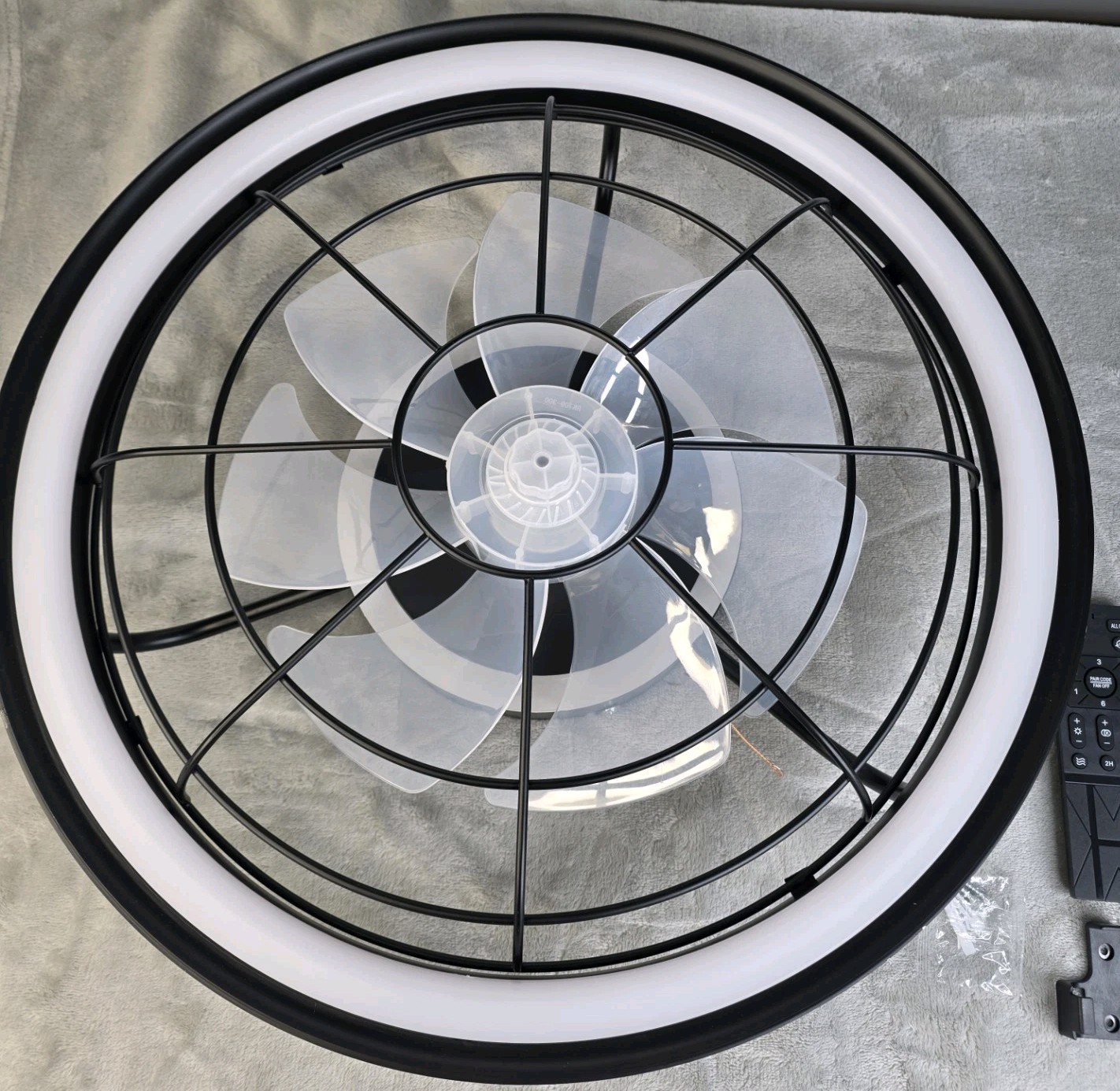 Modern Black Caged LED Ceiling Fan w/ Remote Flush Mount 7 Blade