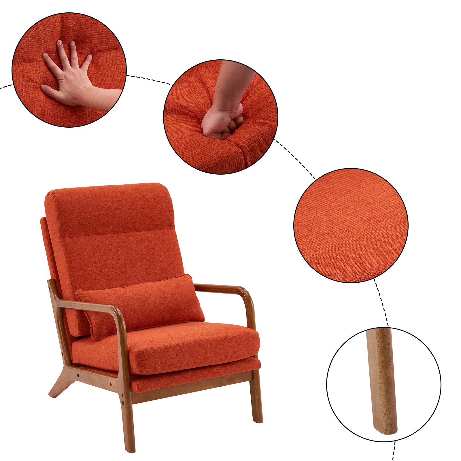 High Back Solid Wood Armrest Backrest Iron Frame Linen Indoor Leisure Chair