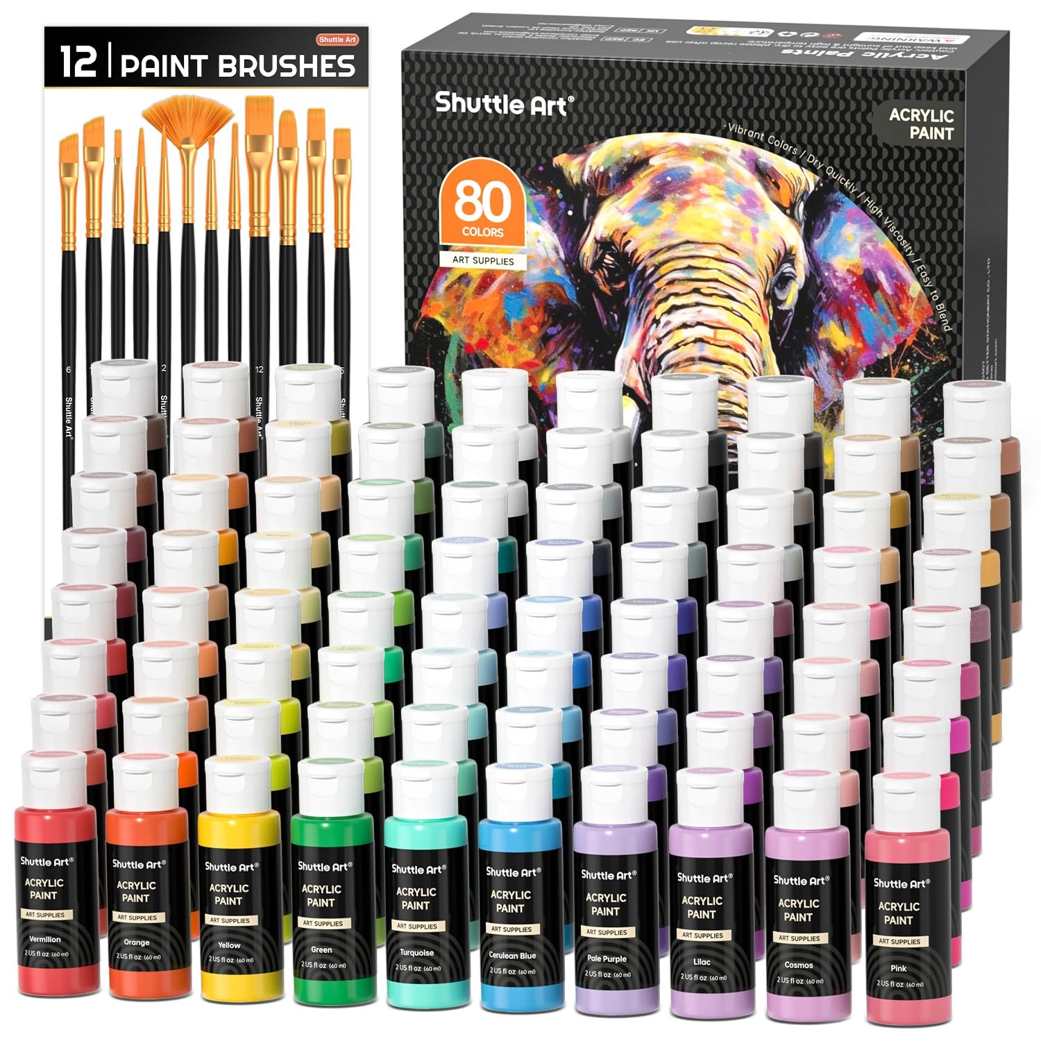 Shuttle Art 80 Colors Acrylic Paint, 2 Fl Oz (Pack of 80), Regular