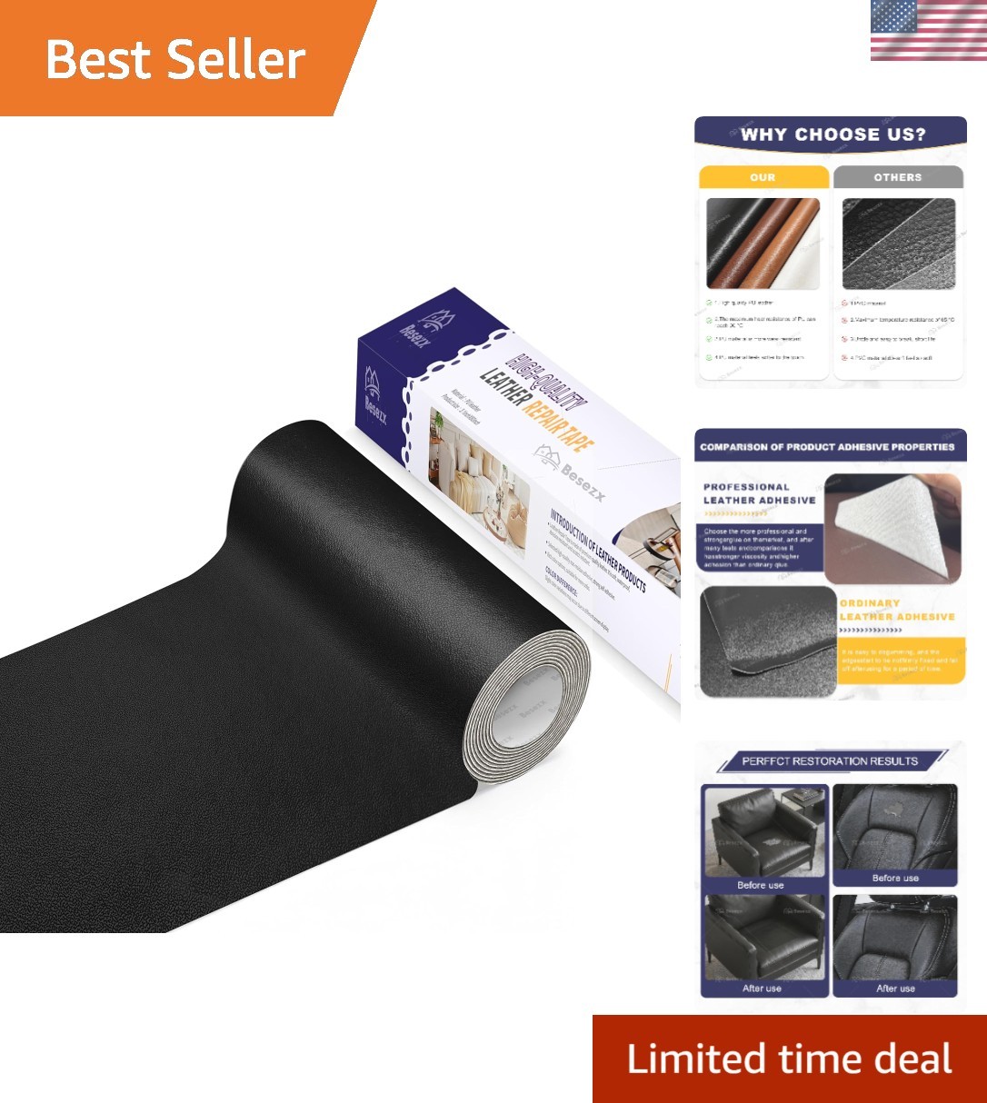 Self-Adhesive Leather Repair Patch Tape - 3.1in x 60in Black - Waterproof Craft