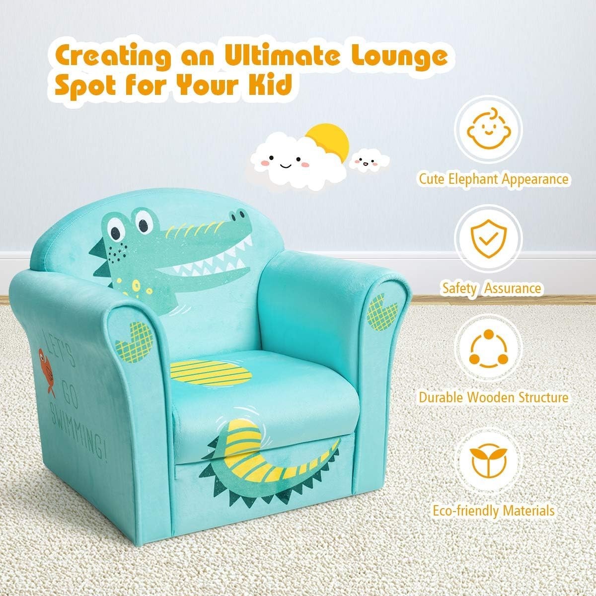 Kids Couch Children's Sofa Armrest Chair Toddler Furniture 15x20x17 Crocodile