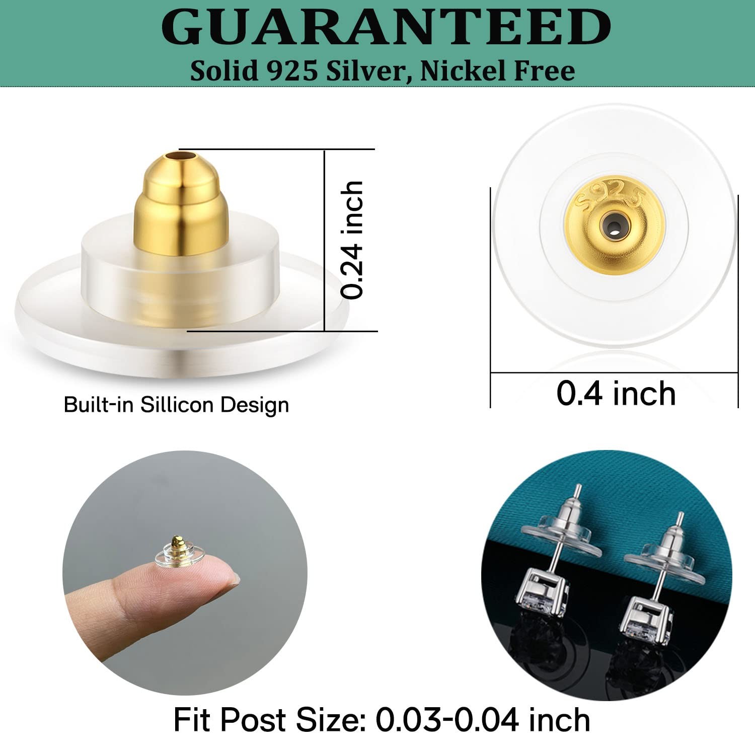 3 Pairs Sterling Silver Earring Backs, Adjustable Hypoallergenic Locking Fit ...