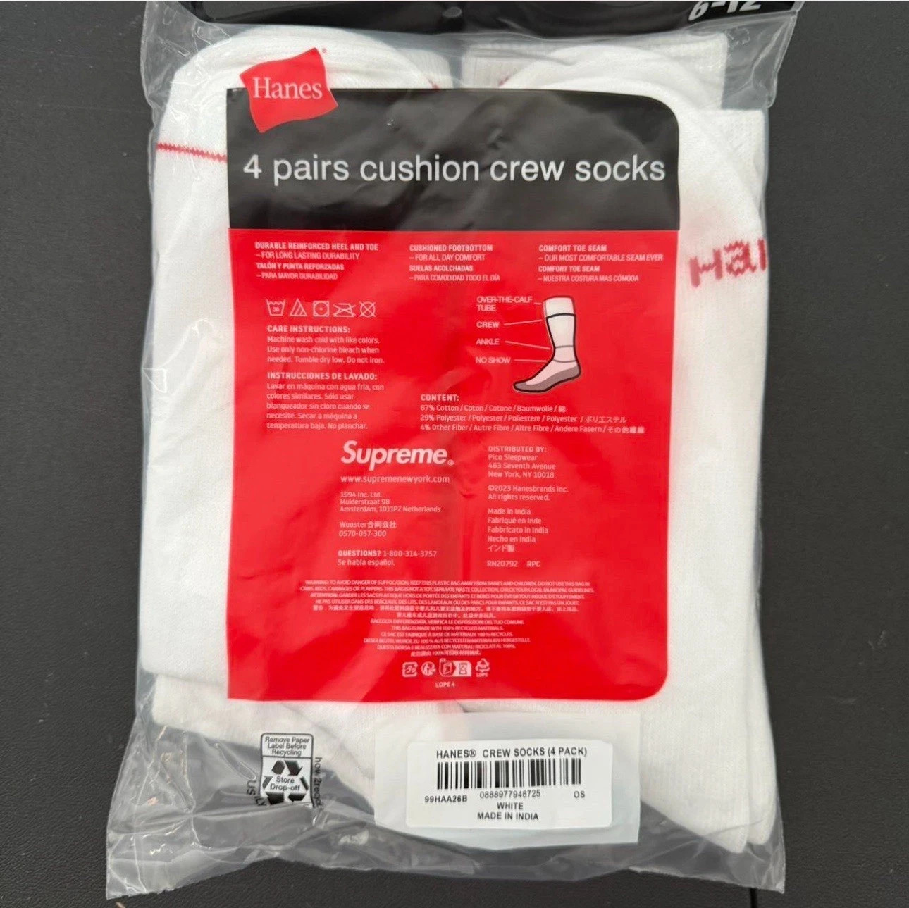 Hanes 4-Pack Men's Supreme Cushioned Crew Socks – White with Red Logo Size 6-12