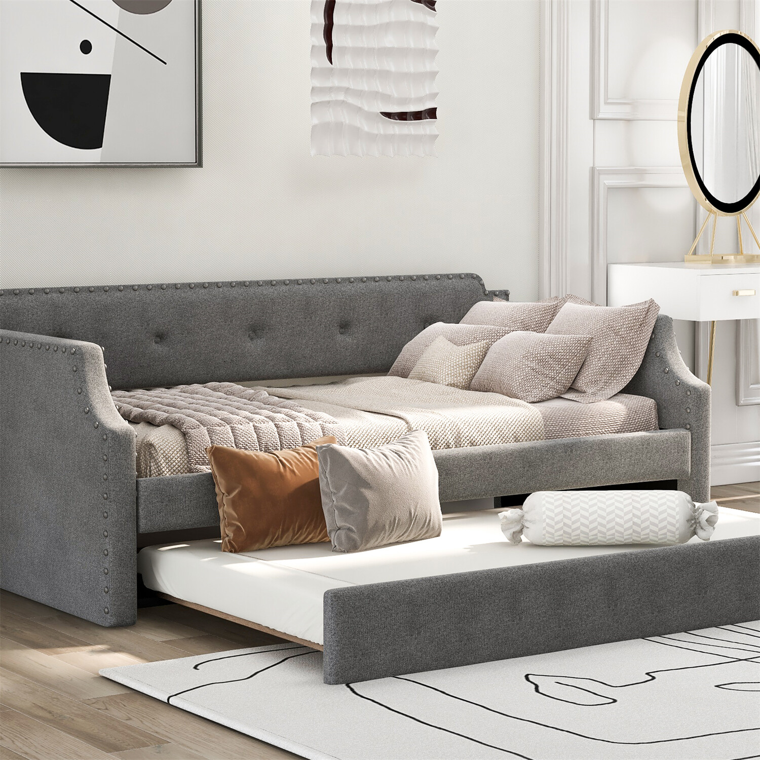 Twin Size Daybed with Pull-Out Trundle Bed Upholstered Bed Frame Sofa Bed US