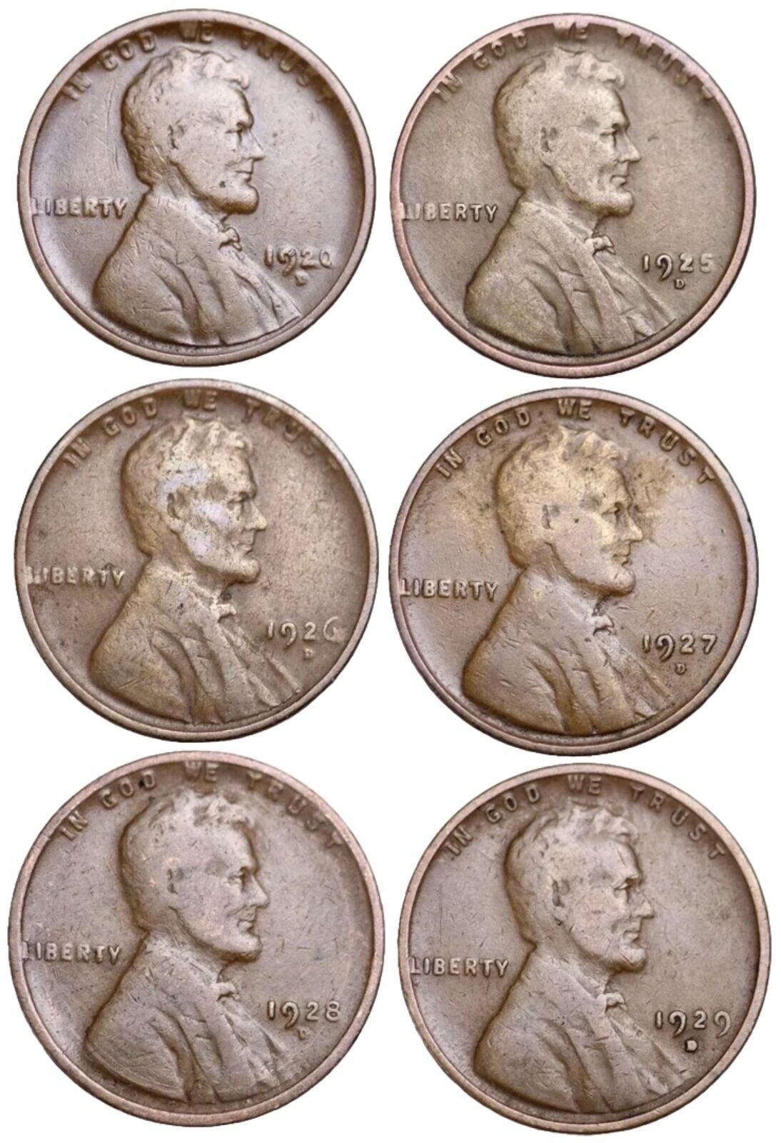 1920-D - 1929-D ALL DENVER MINT Lincoln Wheat Cent Pennies (6 COIN LOT) FREE SH!