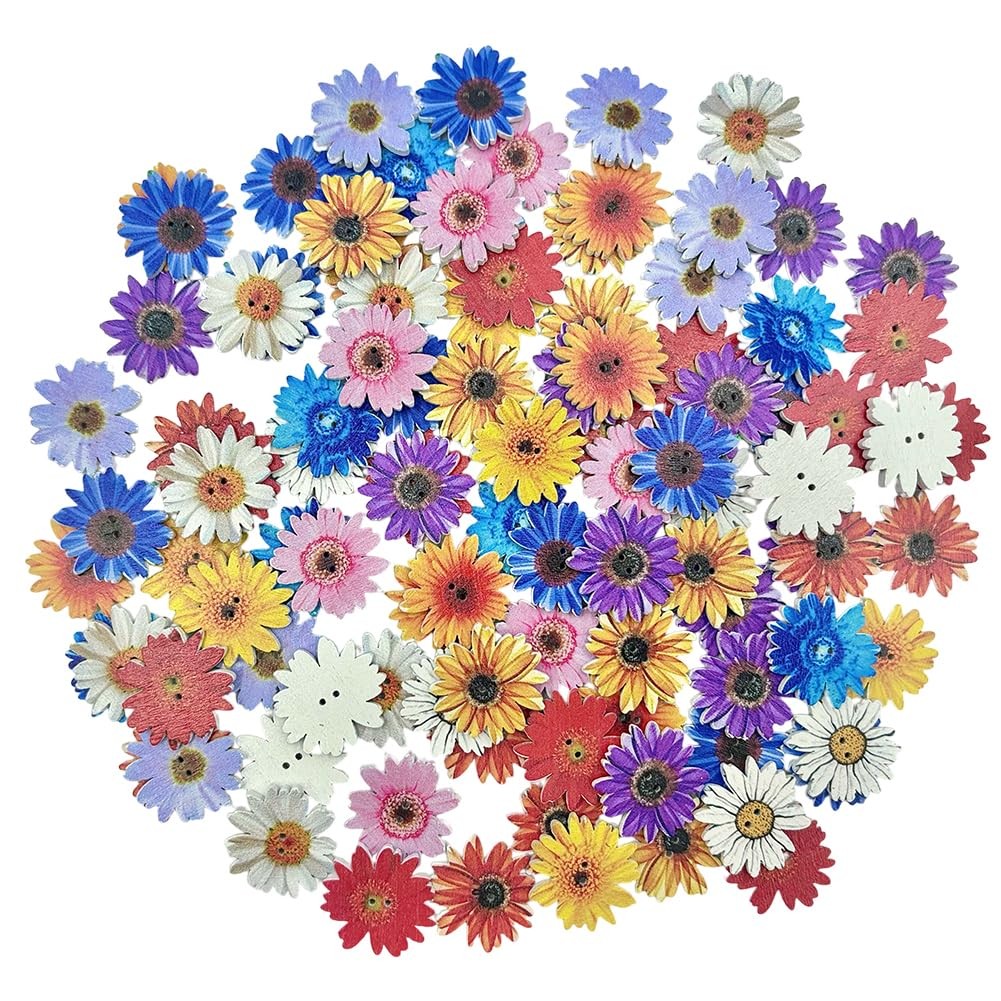 Decorative Wooden Flower Buttons, 100 Pieces, 2 Holes, 20-25mm, Sunflower
