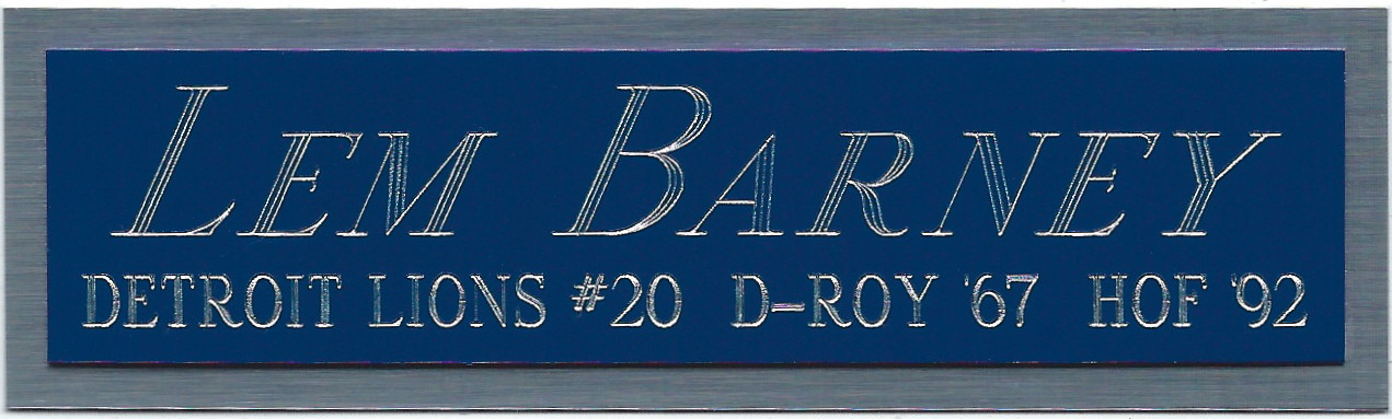 LEM BARNEY LIONS NAMEPLATE FOR AUTOGRAPHED SIGNED FOOTBALL-HELMET-JERSEY-PHOTO