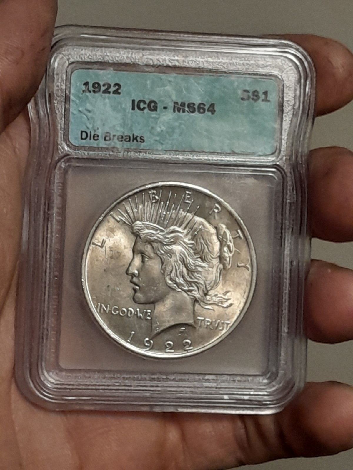 1922- P Peace Dollar ICG MS64 (Die Breaks)