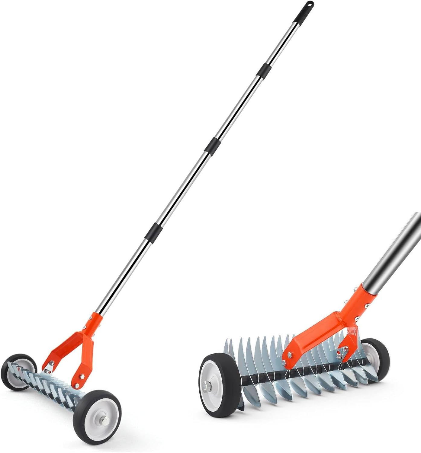 Thatch Rake with Wheels, 37-65.35'' Adjustable Dethatching Roller Rake Adjustabl