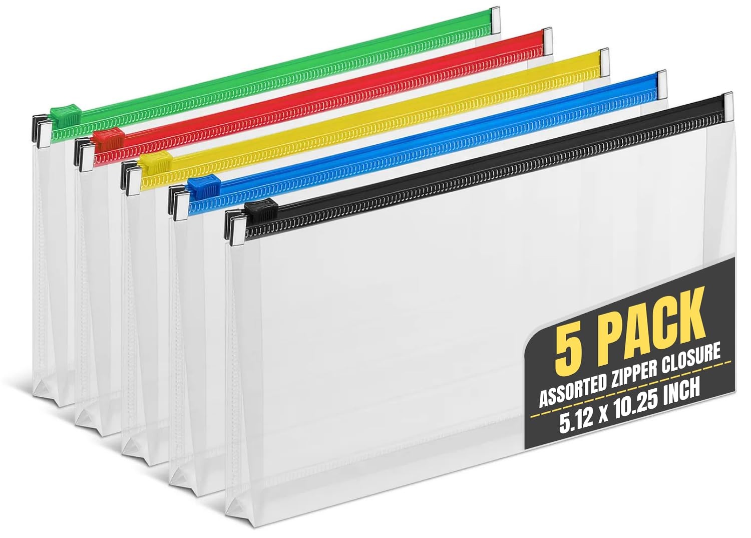 5 PCS Plastic Filing Envelopes Zipper Closure Letter Assorted Colors Check