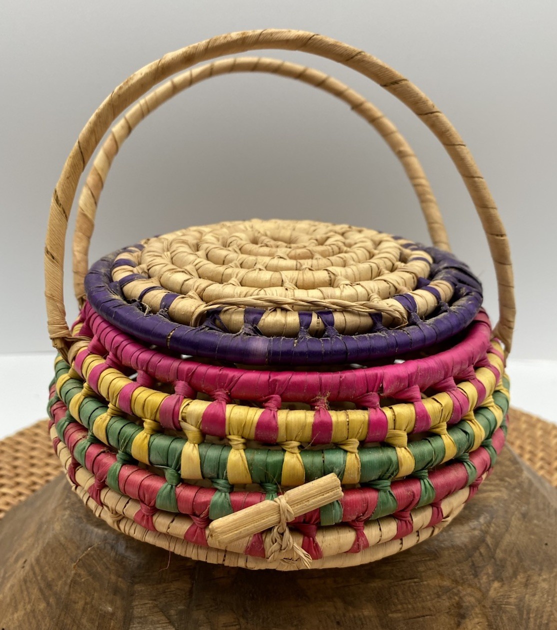 Hand Made Round Lidded Basket With Handles Locking Multi Color