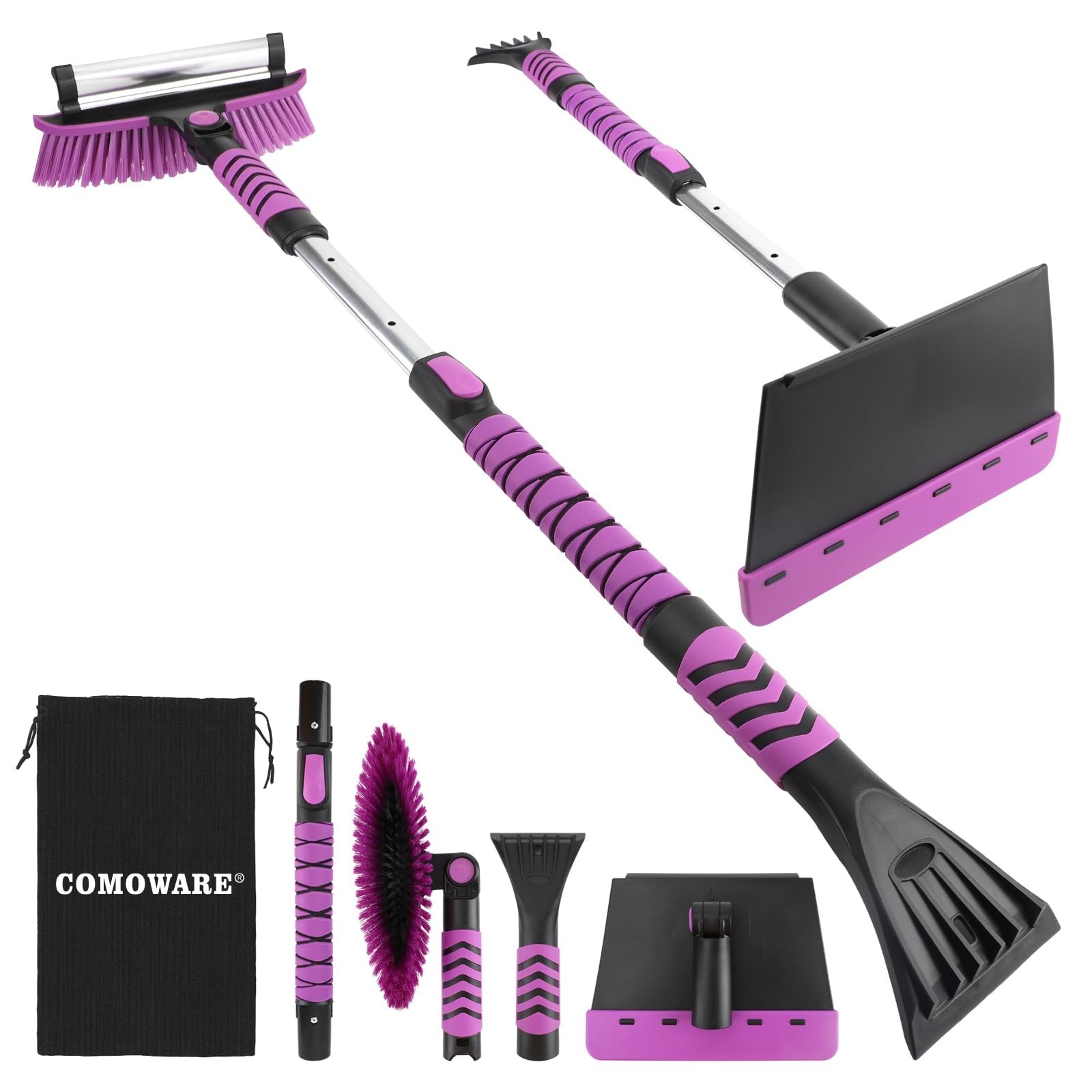 Snow Brush,Extendable Ice Scrapers for Windshield with 270° Pivoting Head,Purple