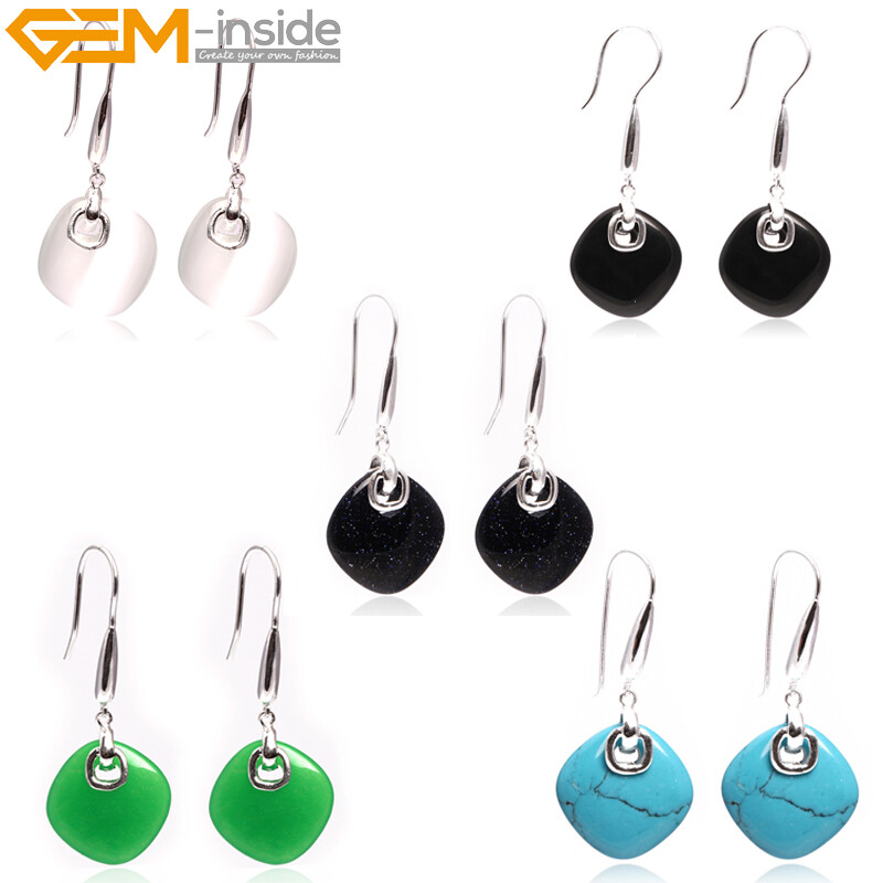 Square Silver Hook Rhombus Stone Fashion Dangle Earring Women Jewelry Gift 19mm