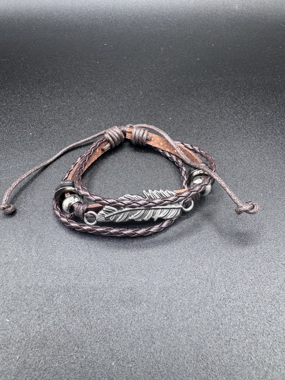 Braided Leather Bracelet with Silver Feather Charm, Adjustable, Brown Unisex