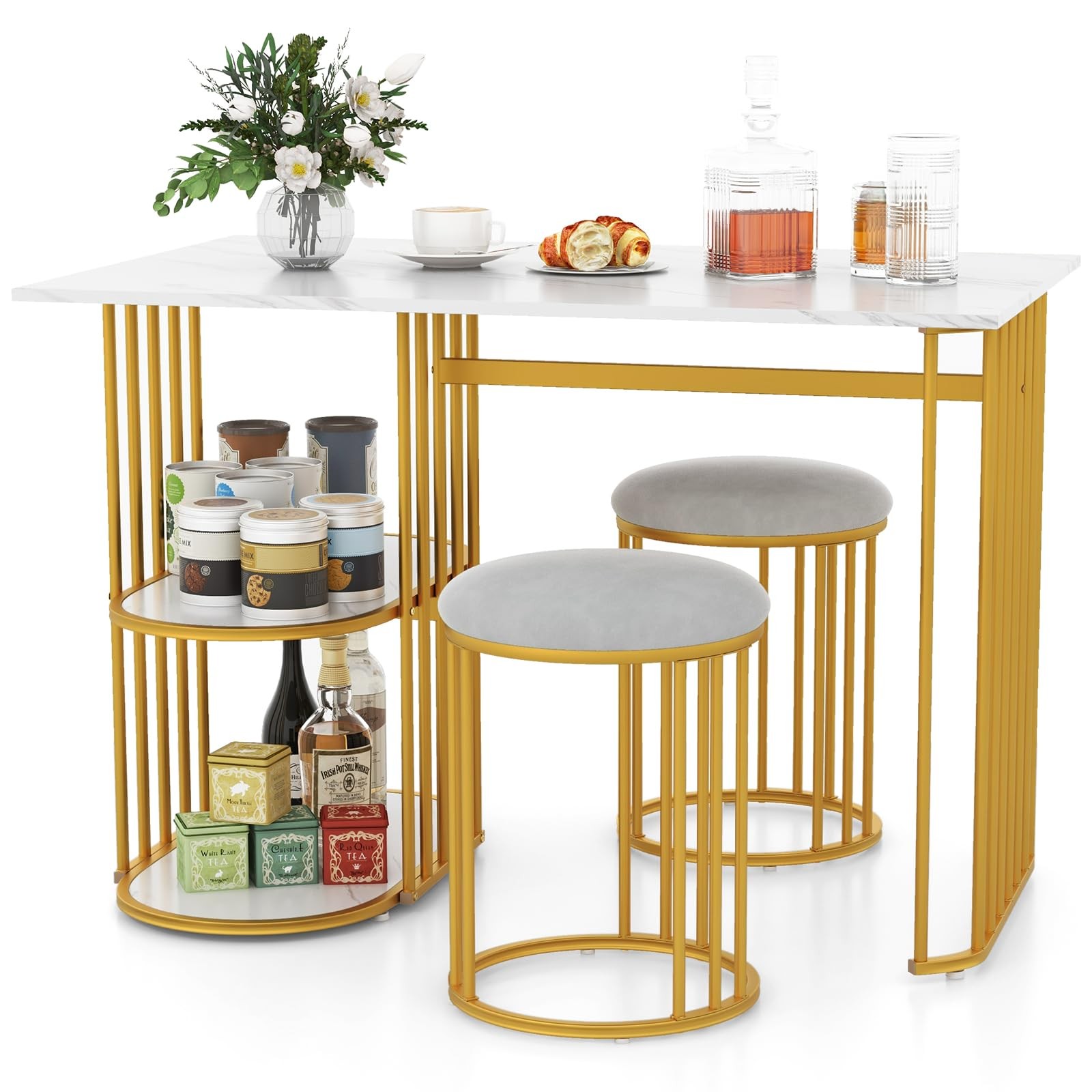 3-Piece Dining Table Set for 2, Rectangular Kitchen Table with 2 Stools, 2-Ti...