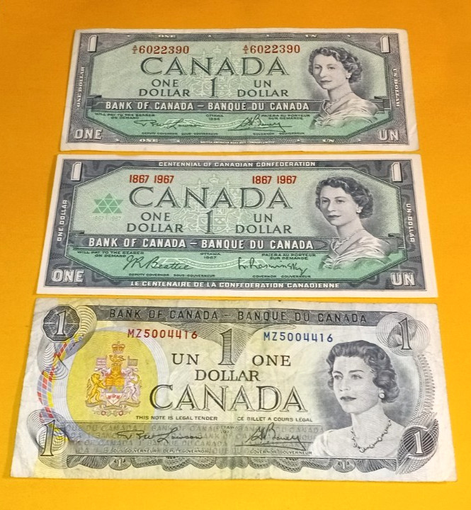 Lot of 3 VTG Canadian $1 Bi1ls - 1867 1967 Centennial of Canadian Confederation