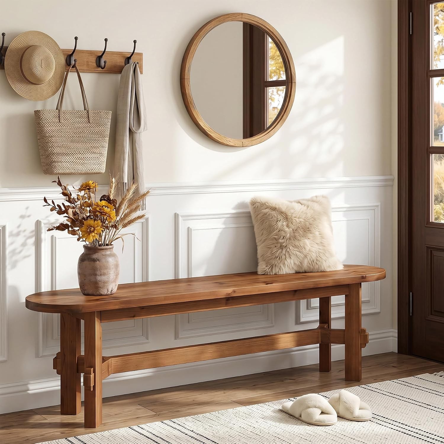 55-Inch Solid Wood Entryway Bench, Farmhouse Rustic Indoor Wooden Shoe Bench