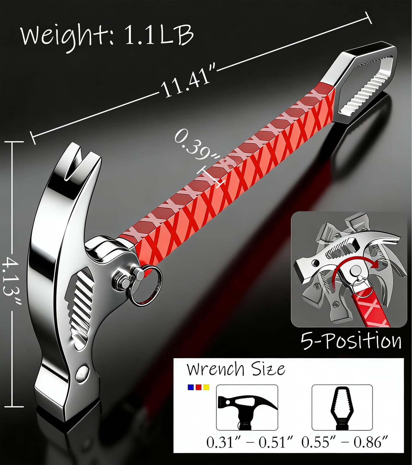 1.1 lb MultiFunction Claw Hammer Adjustable Head OnePiece RustProof Steel