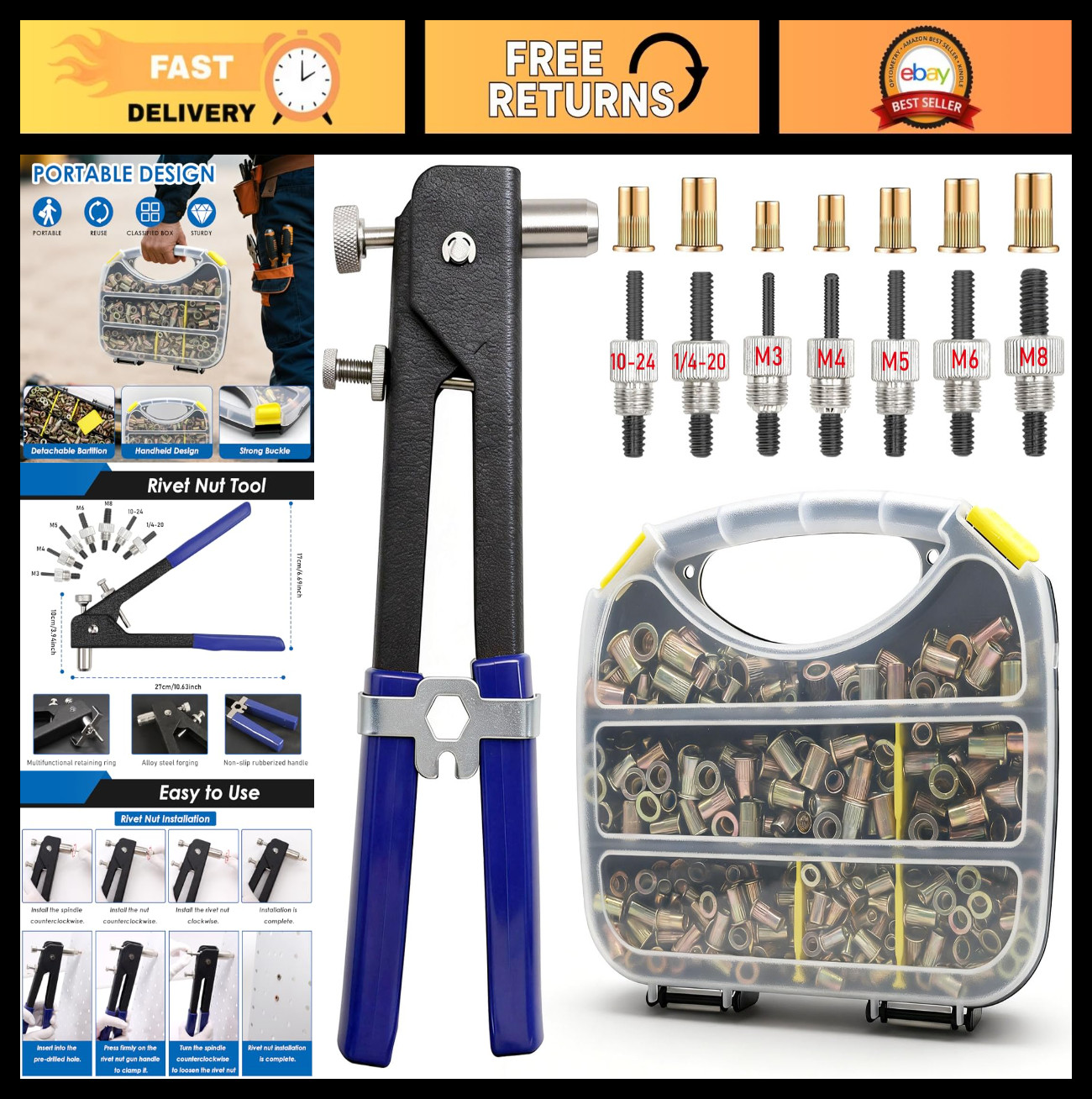 455Pcs Rivet Nut Tool Kit with 7 Mandrels & Assorted Rivet Nuts, Carrying Case
