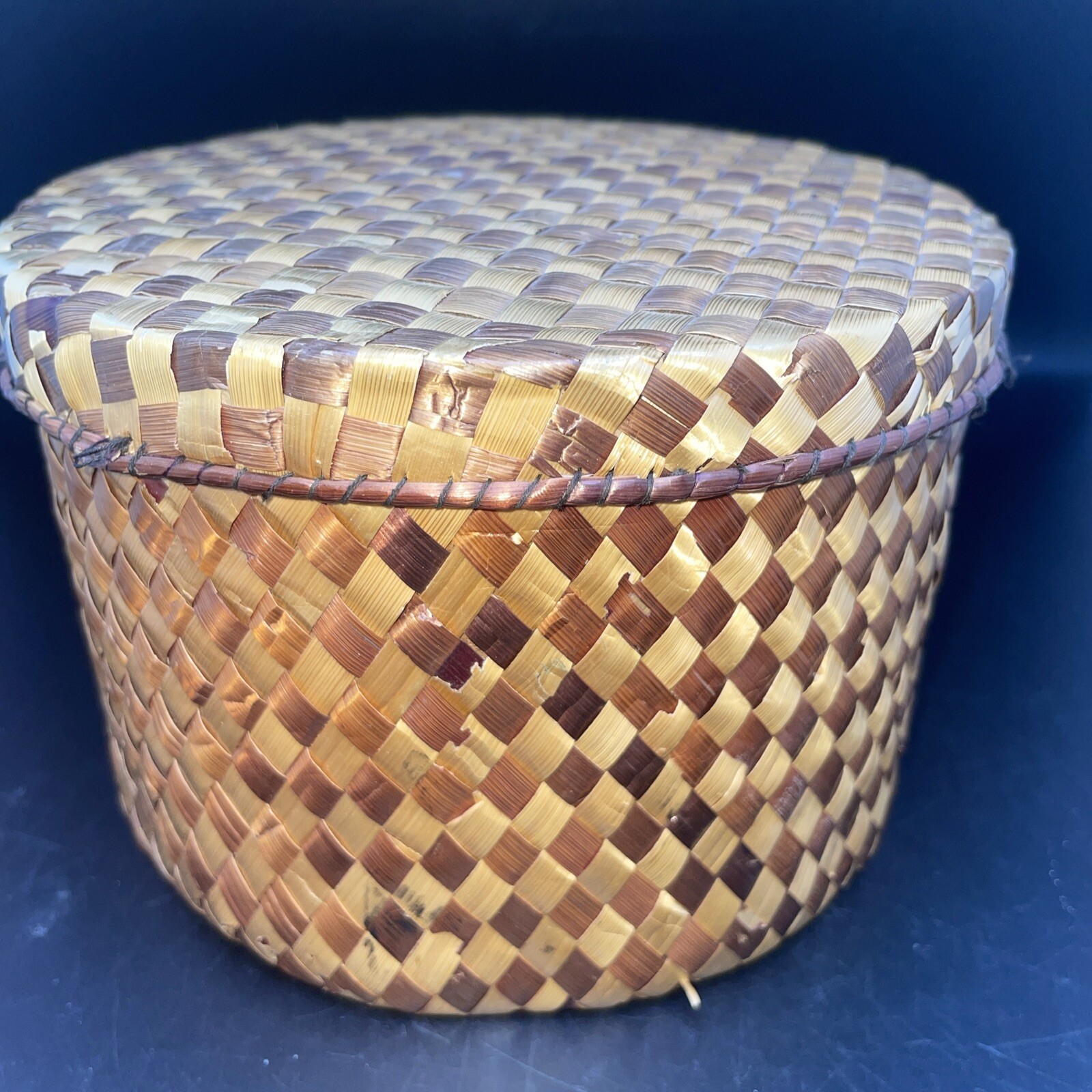 Harlequin Look Woven Basket w Lid Asian
