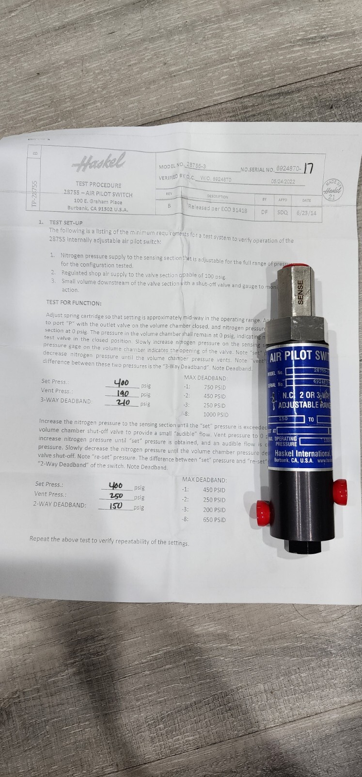 Haskel 28755-3 Air Pilot Switch