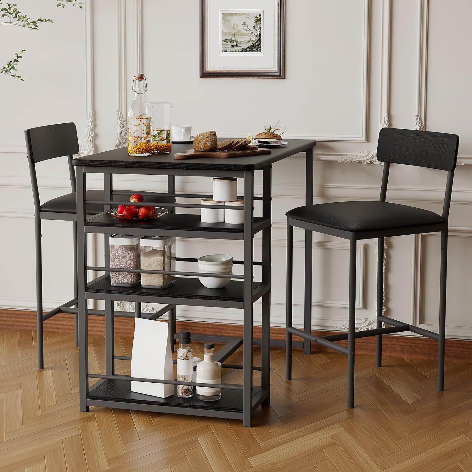 Farmhouse Counter Height Kitchen Table with 2 Bar Stools | Dining Table and Chai