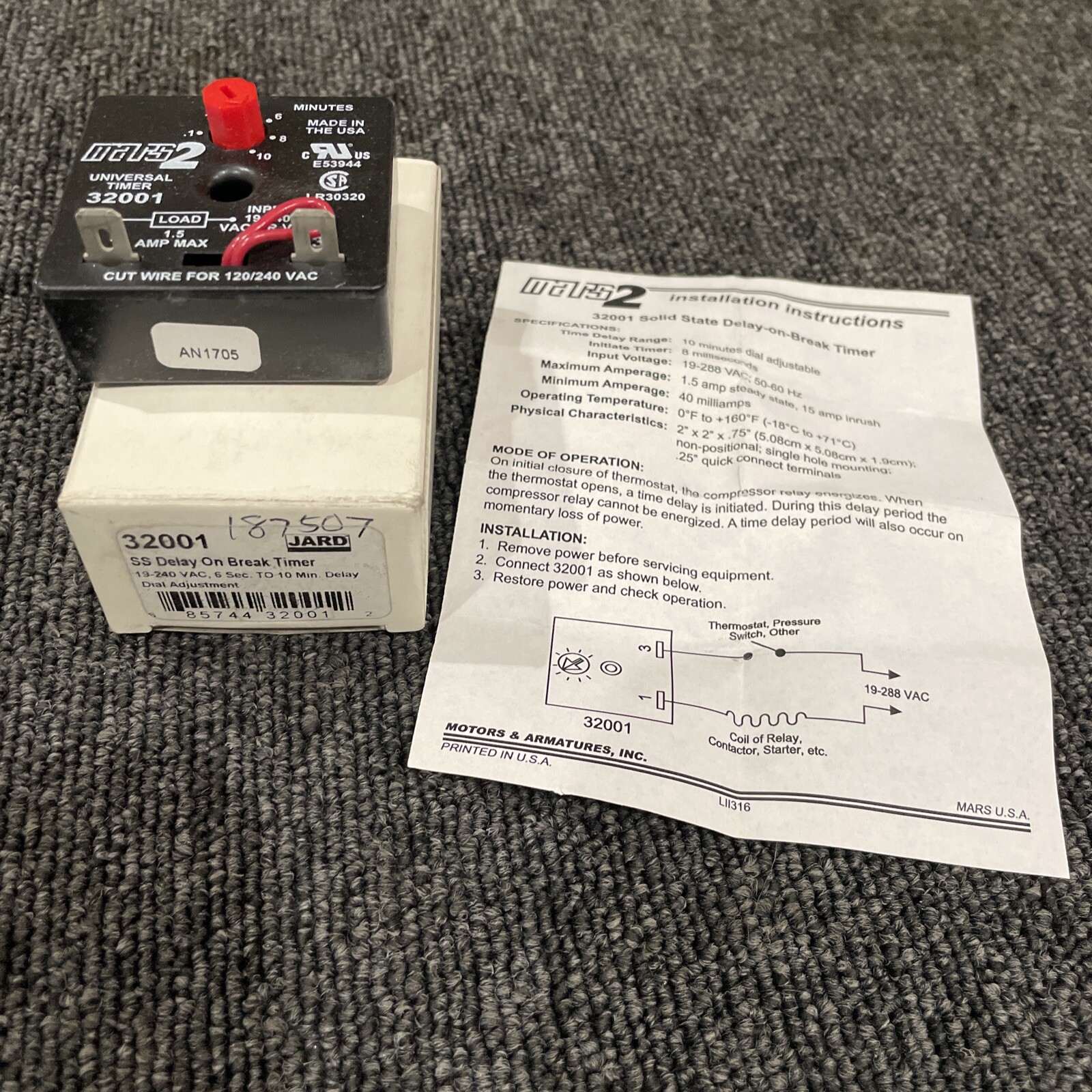 JARD 32001 SOLID STATE DELAY-ON-BREAK TIMER 19 - 240VAC 6SEC - 10 MIN.DELAY