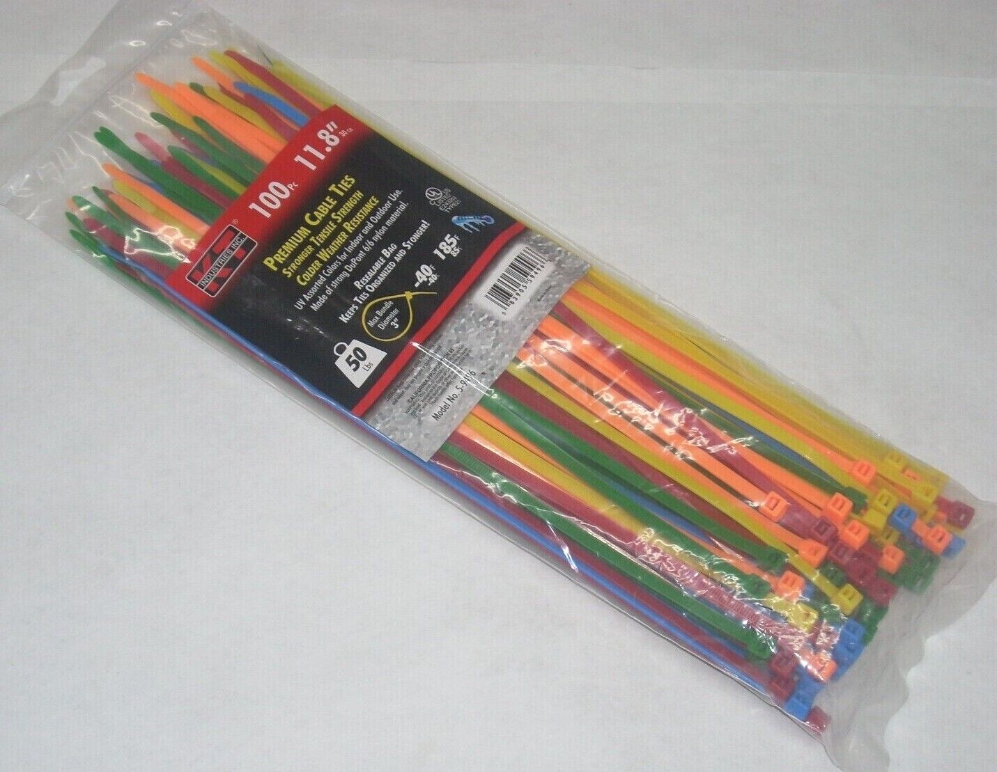 KT Industries 5-9496 Premium Multi-Color Cable Ties 11.8" L 50 lb Cap 100 pk