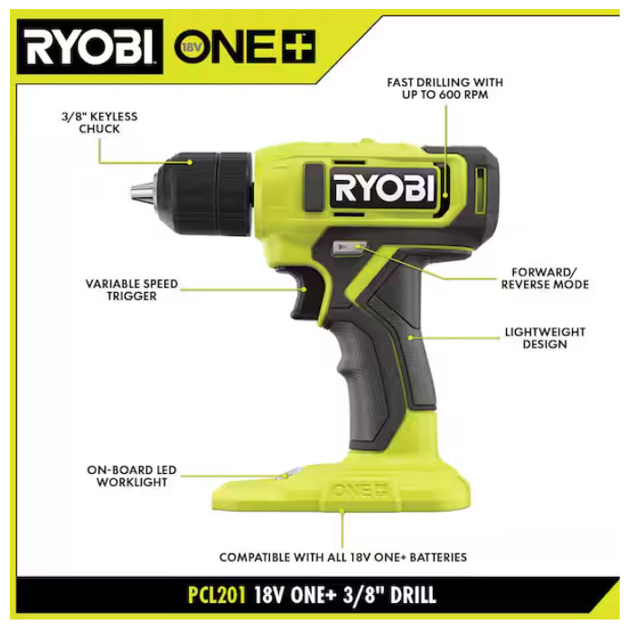 2025 Ryobi PCL201 ONE+ 18V Cordless 3/8 in. Drill/Driver (Tool Only)