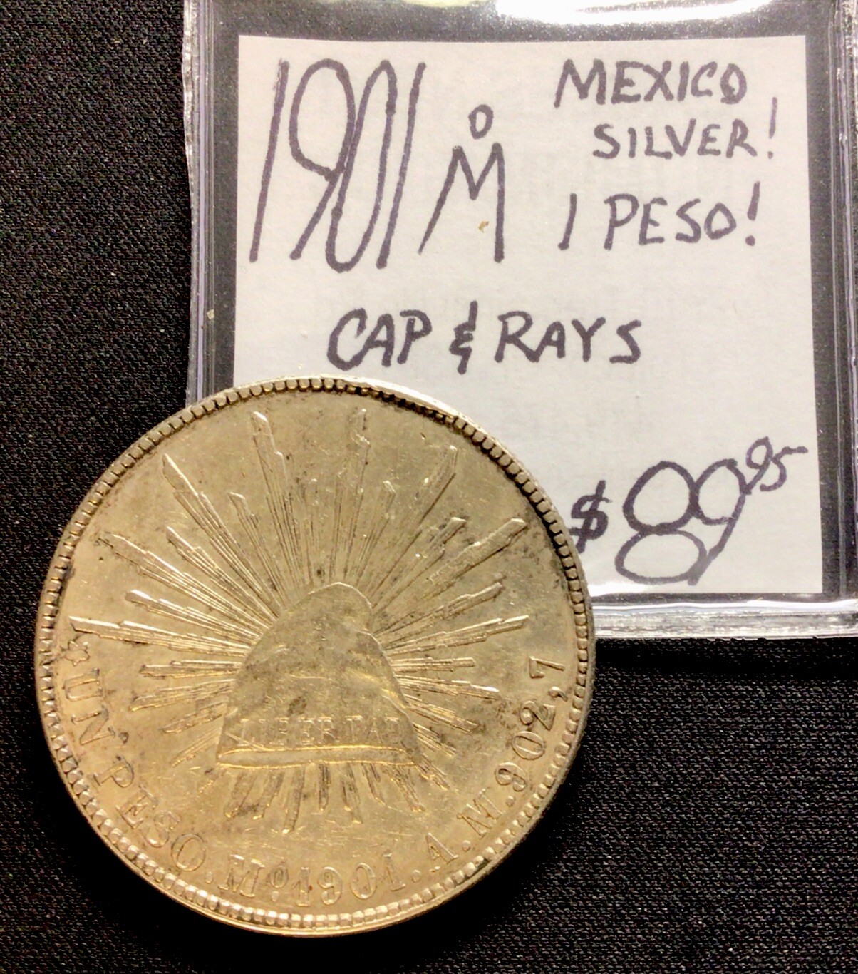 1901 M Mexico Silver! 1 Peso! Cap & Rays! ENN Coins