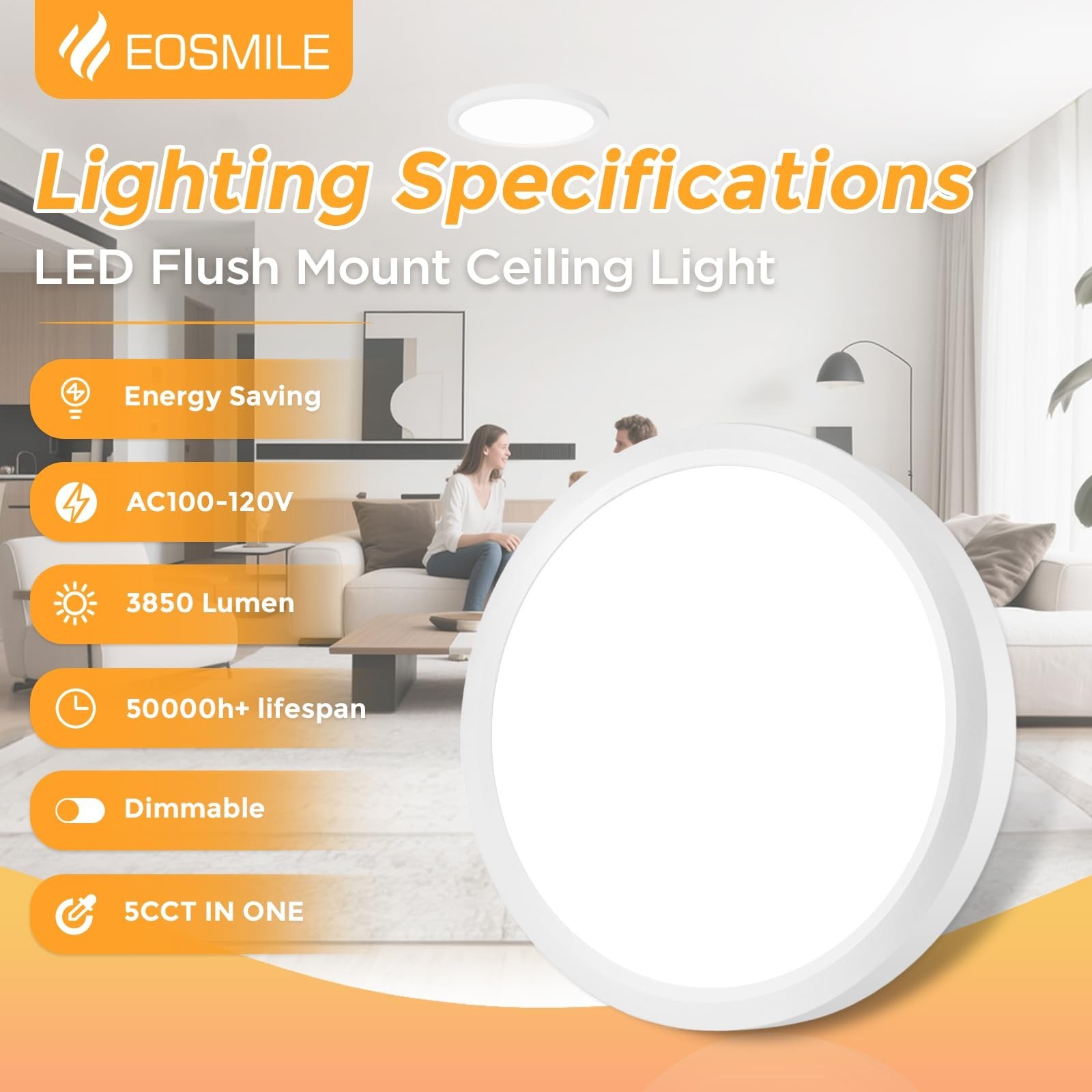 1Pack 15.8 Inch LED Flush Mount Ceiling Light, 35W, 3850LM, 2700K-5000K 5Colo...
