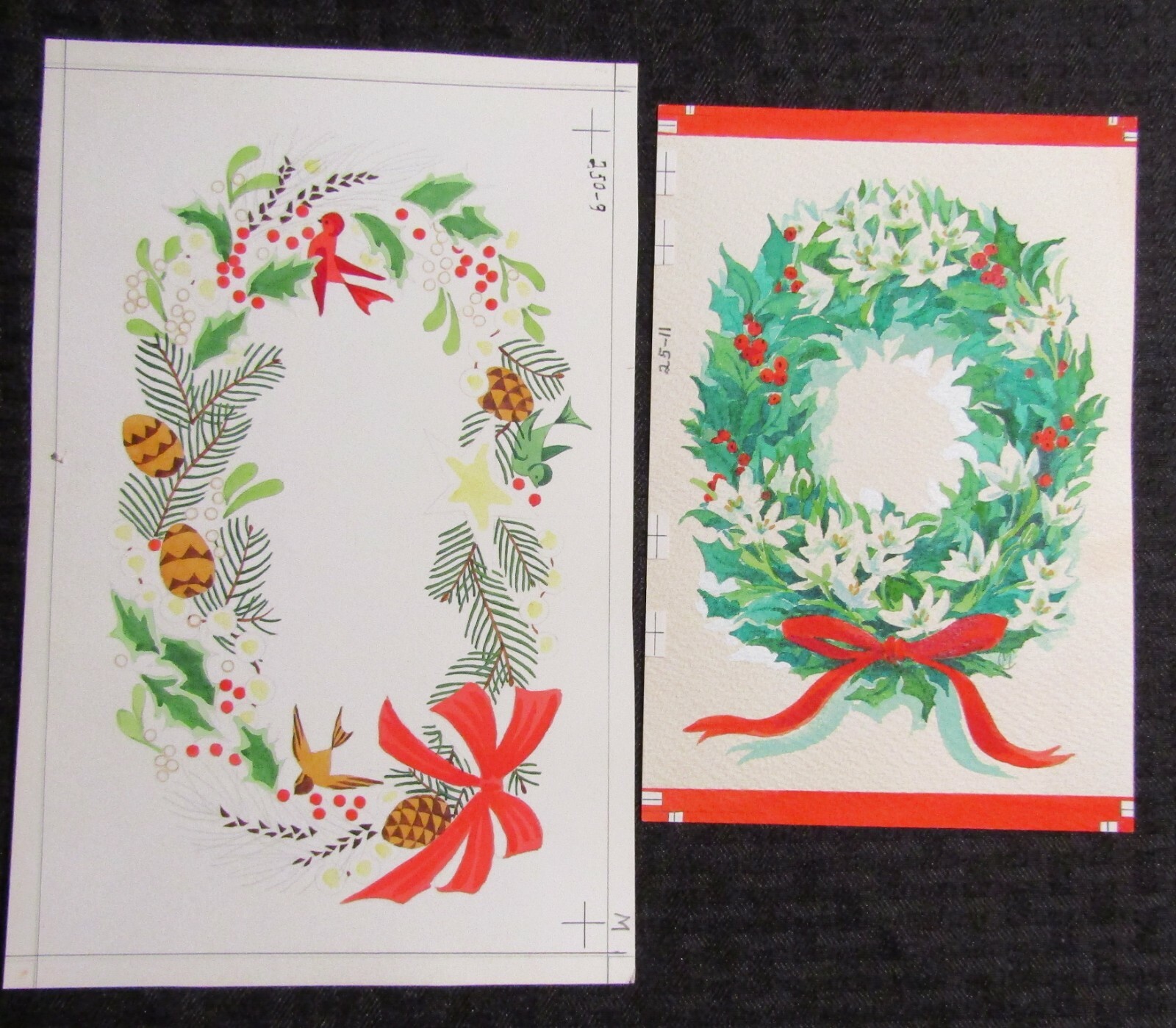 CHRISTMAS Wreaths w/ Pine Cones & Birds 10x6.5" Greeting Card Art LOT of 2