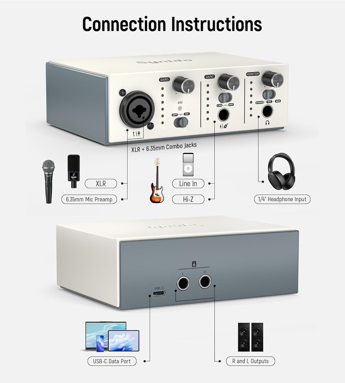 USB C Audio Interface 2x2 XLR 48V Phantom Power Recording Mixer