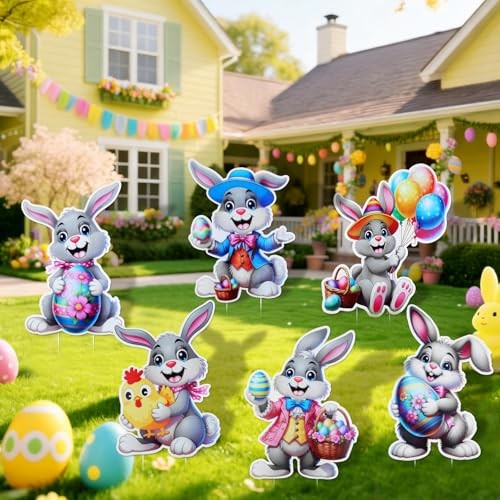 6 PCS Easter Bunny Yard Signs Decorations Easter Bunny Outdoor Signs with