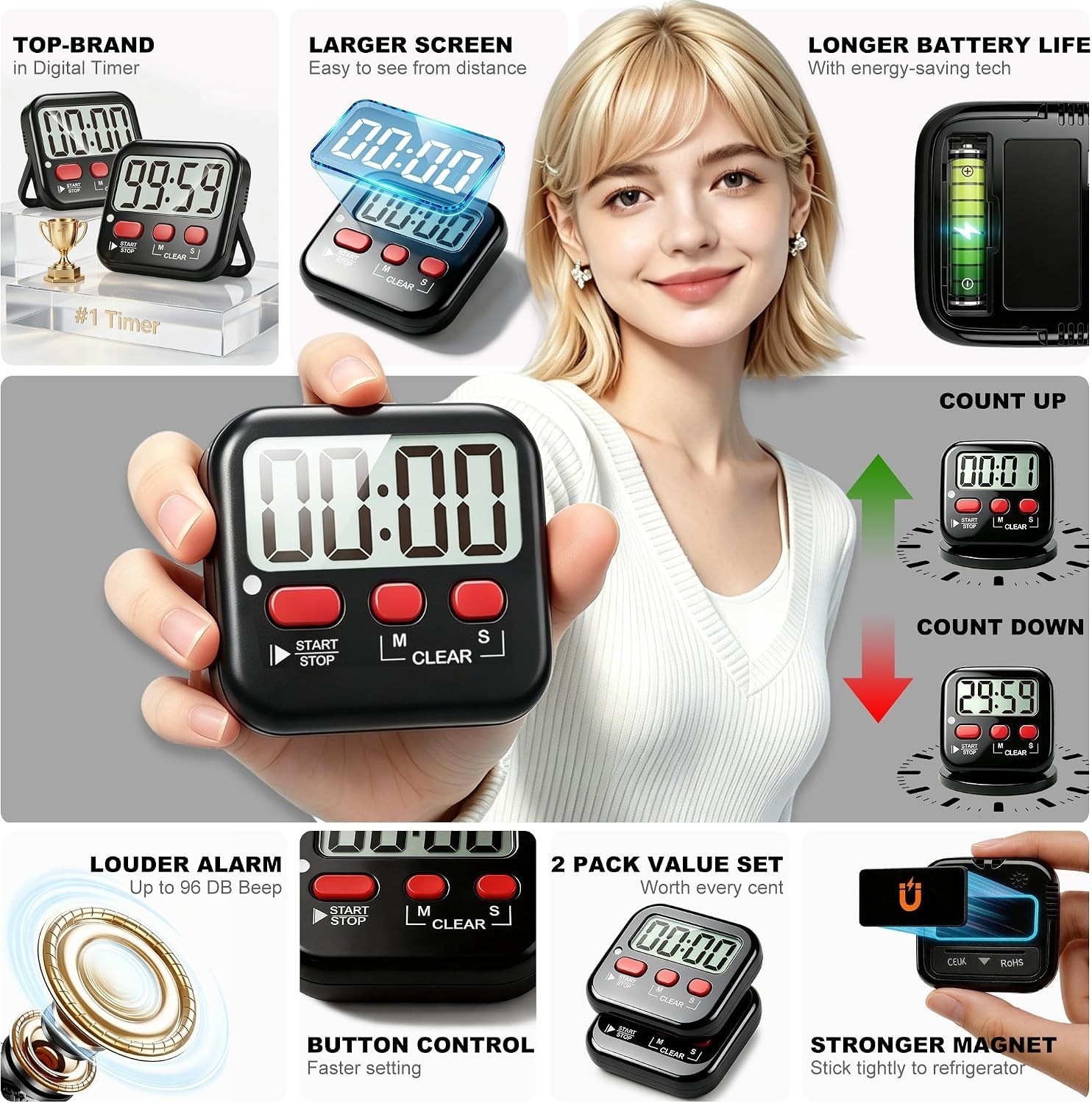 Easy View 2-Pack Kitchen & Classroom Digital Timers with Alarm & Mute Modes