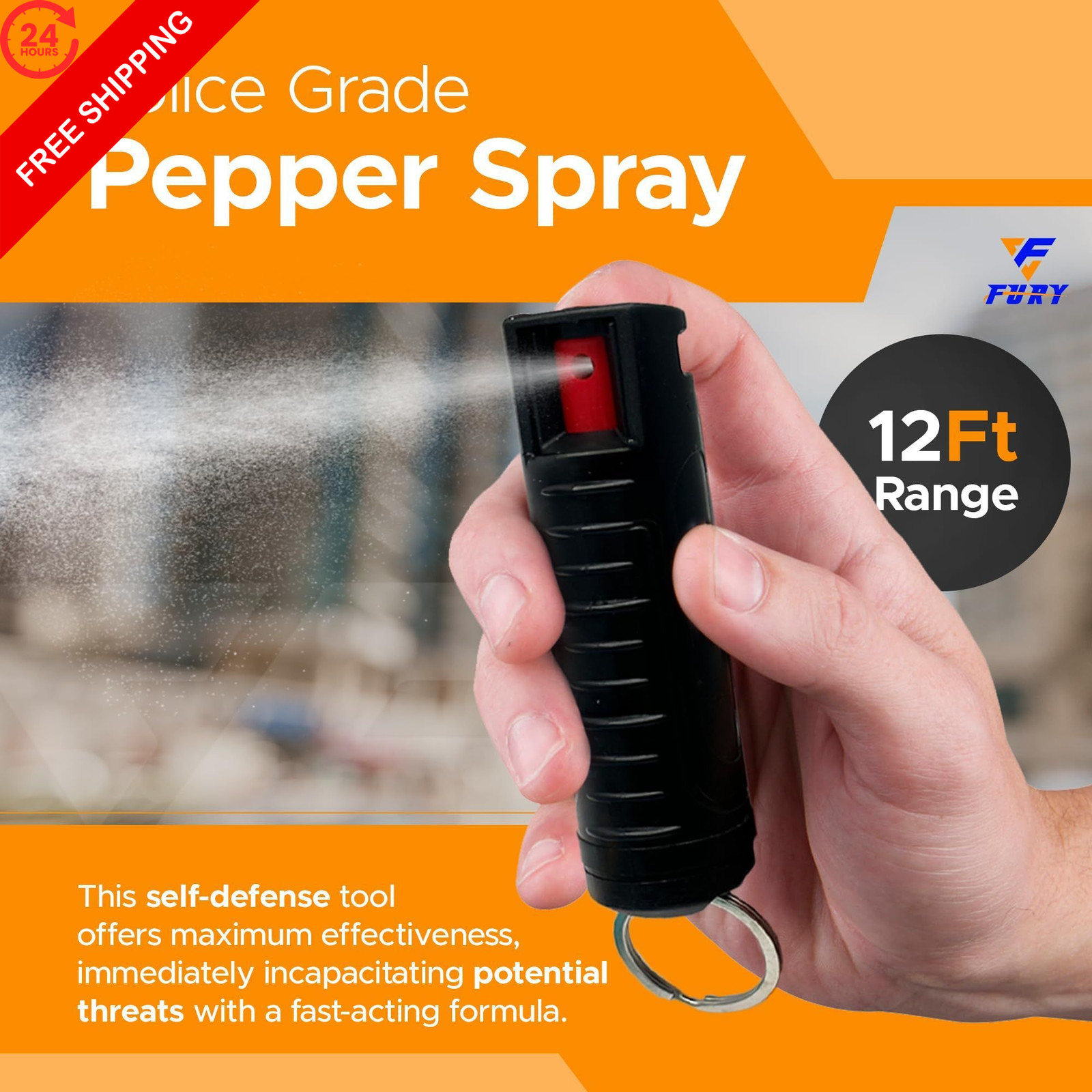 FURY Hardshell Pepper Spray - 12Ft Range, Max Strength, UV Dye Black