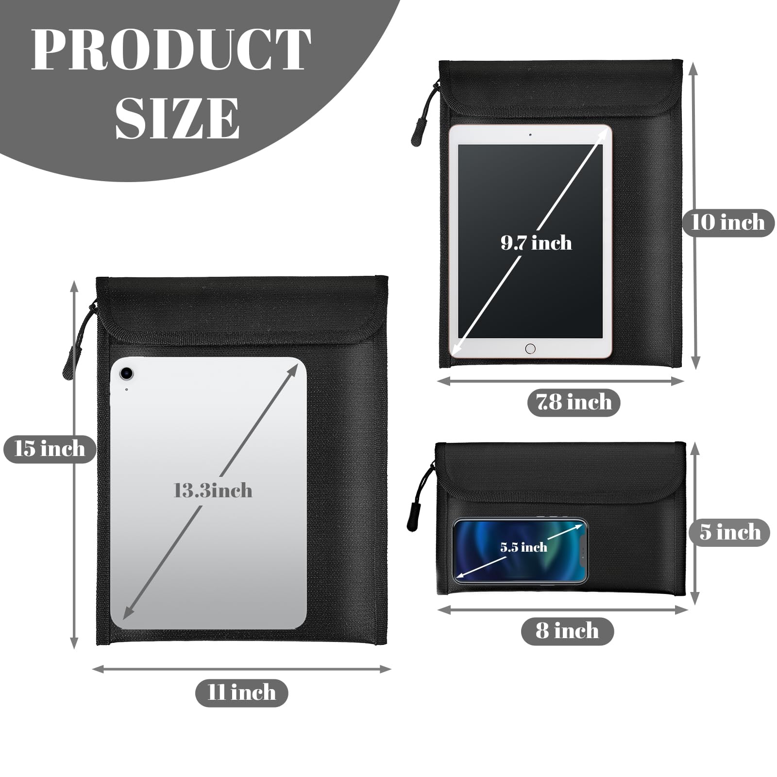 Fireproof Waterproof Document Bags Zipper Pouches Set of 3