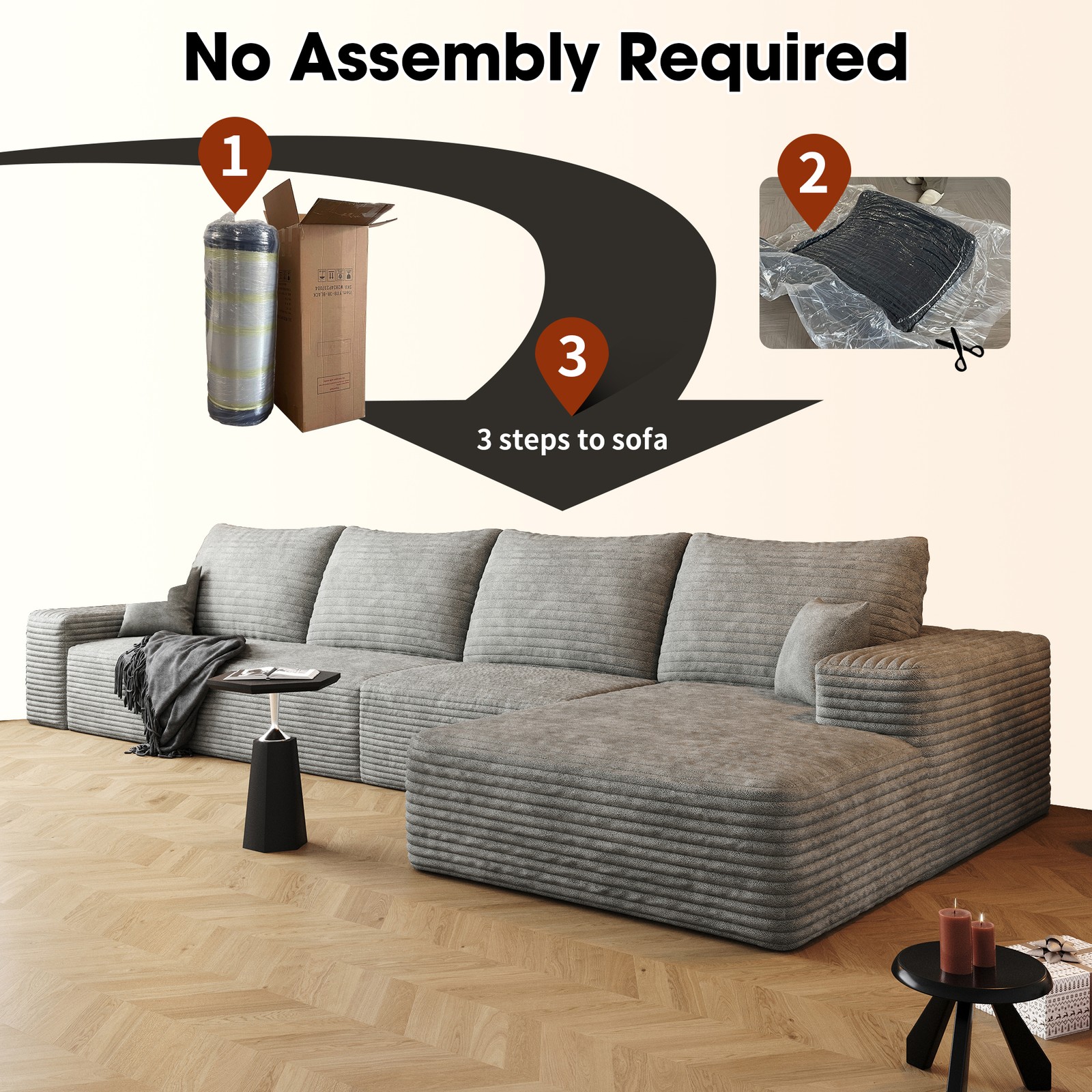 135" Cloud Sectional Couch with L-Shape Chaise,Modern Modular Sofa with Deep S