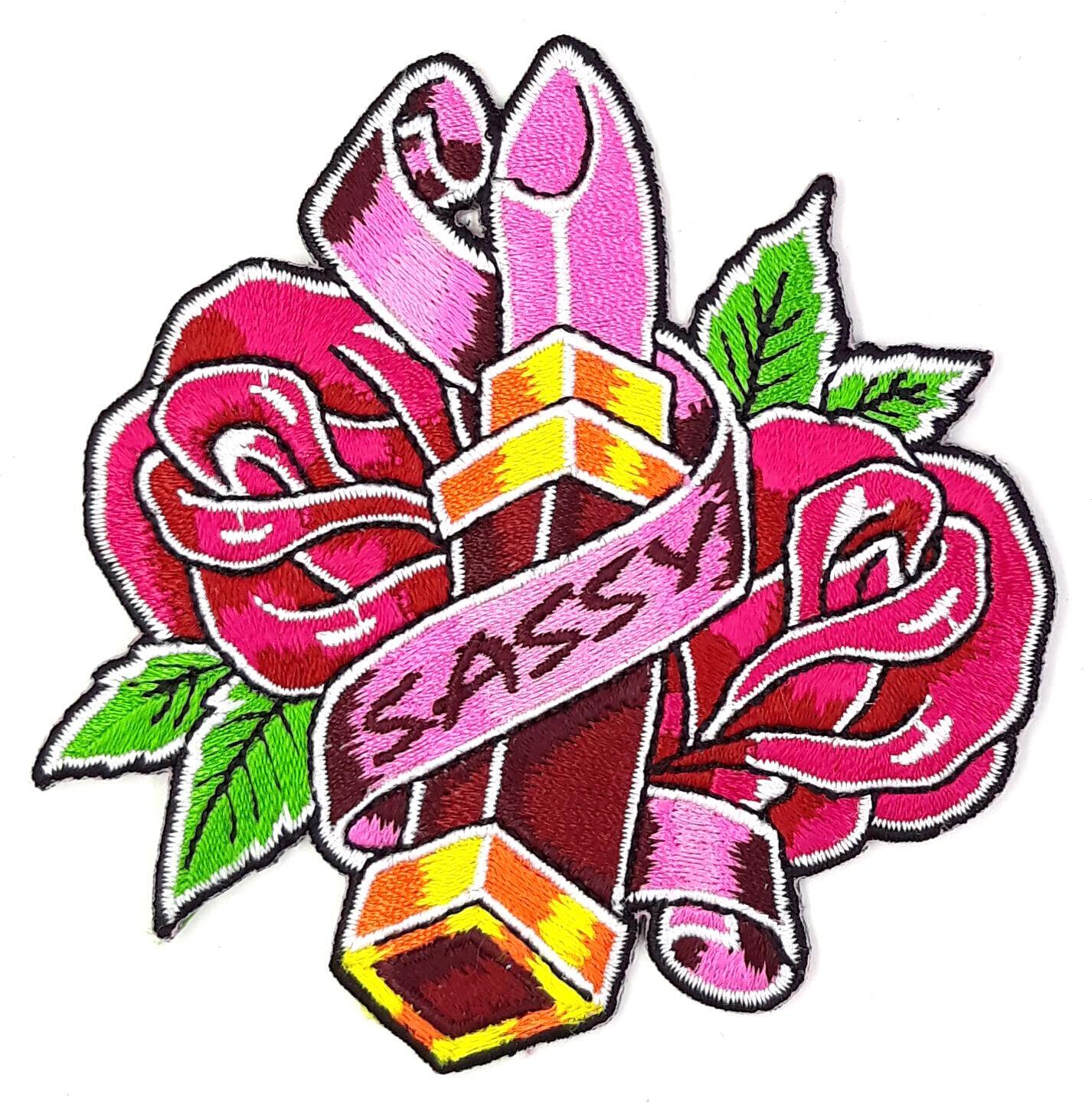 Sassy Lipstick With Roses Sew-On Iron-On Embroidered Patch 3 1/2" x 3 1/2"