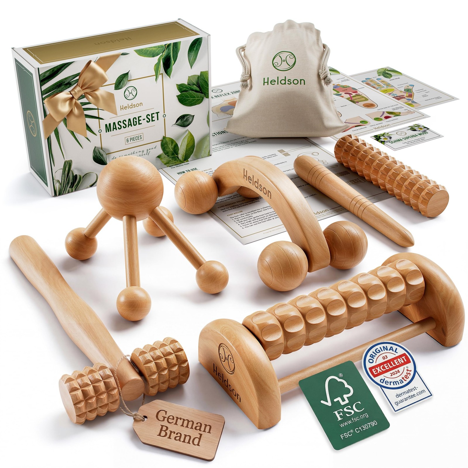 HELDSON® Wooden Therapy Massage Tools [6 Pieces] - Wood Rollers for Body Sc