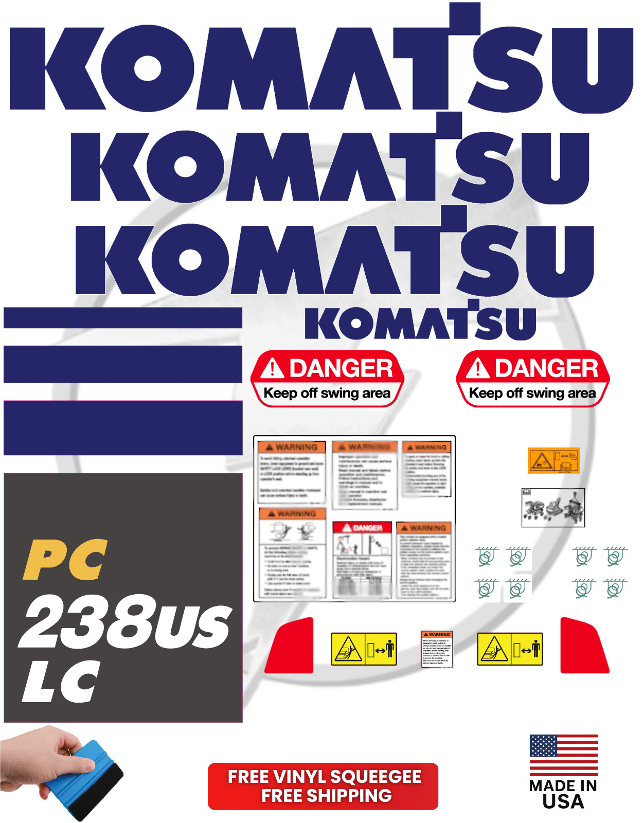 Fits Komatsu PC238USLC Decal Kit Excavator Stickers - Free Shipping - 3M Vinyl