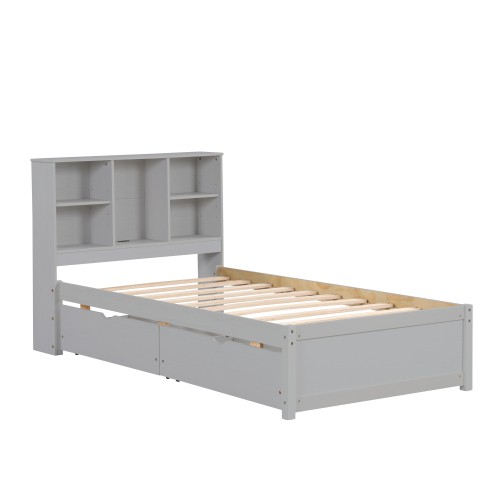 Modern Twin Size Bed Frame With Built-in USB Port On Bookcase Headboard