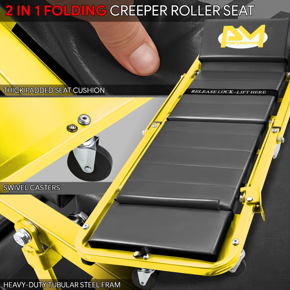 2-IN-1 48" Foldable Z Creeper Mechanics Garage Work Stool Rolling Chair Yellow