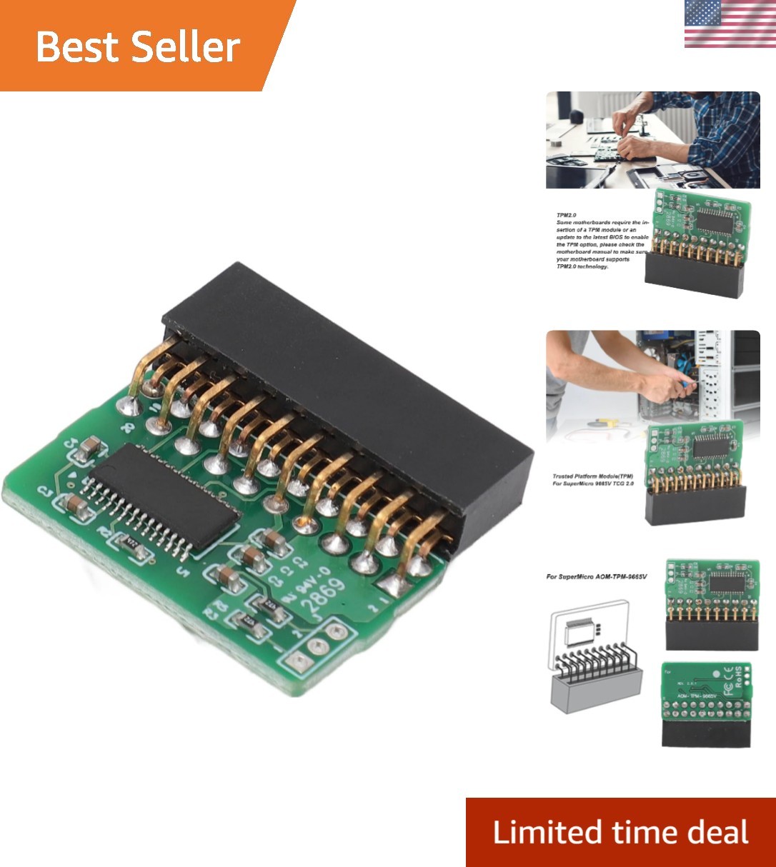 20Pin TPM 2.0 Module for SuperMicro AOM TPM 9665V TCG 2.0, Vertical Trusted M...